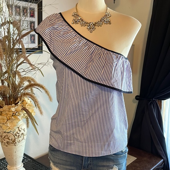 J.Crew One Shoulder Pinstripe Top, Size 14 - Picture 1 of 4
